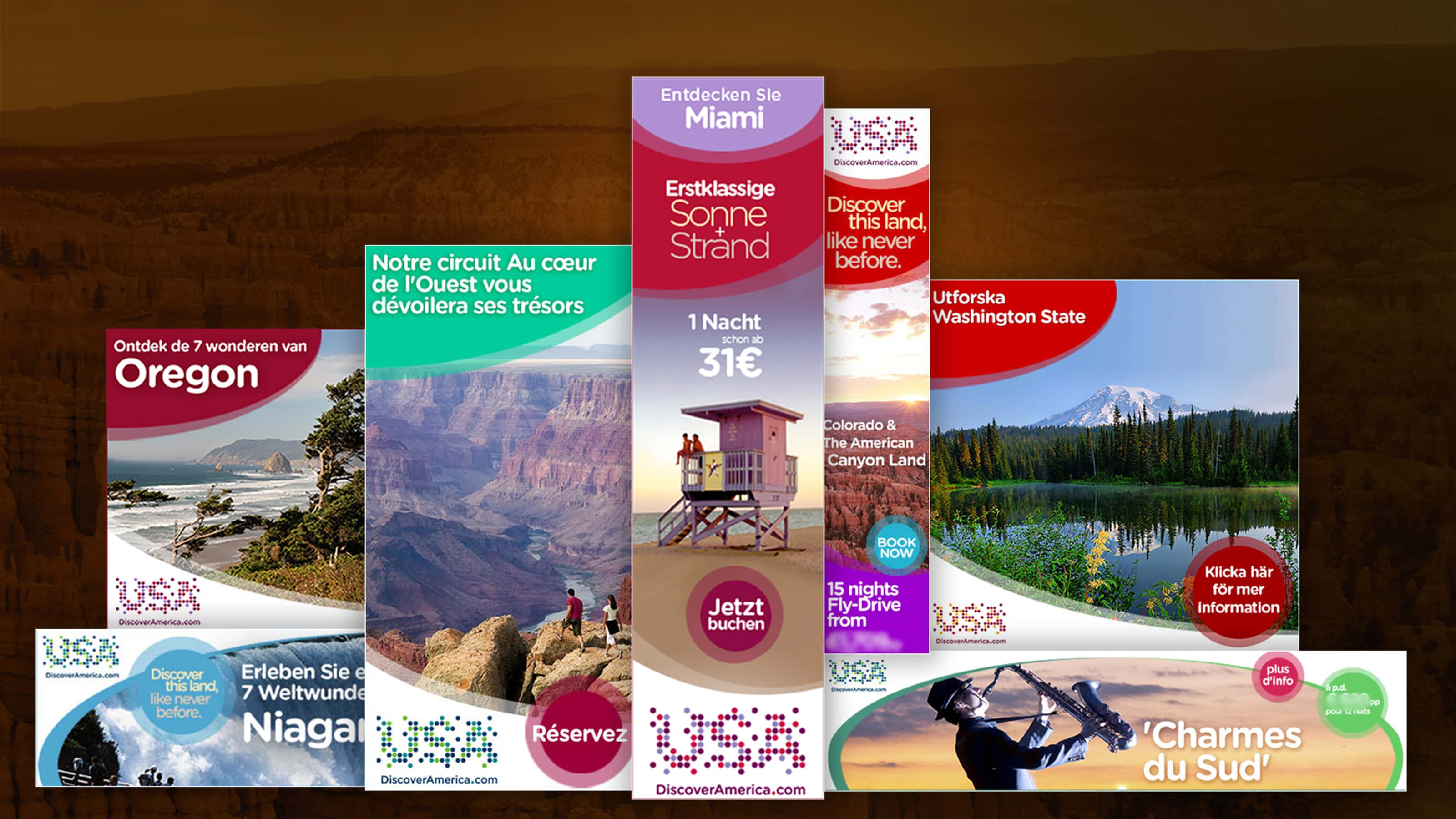 An arrangement of banner ads from the Brand USA and Thomas Cook marketing campaign.