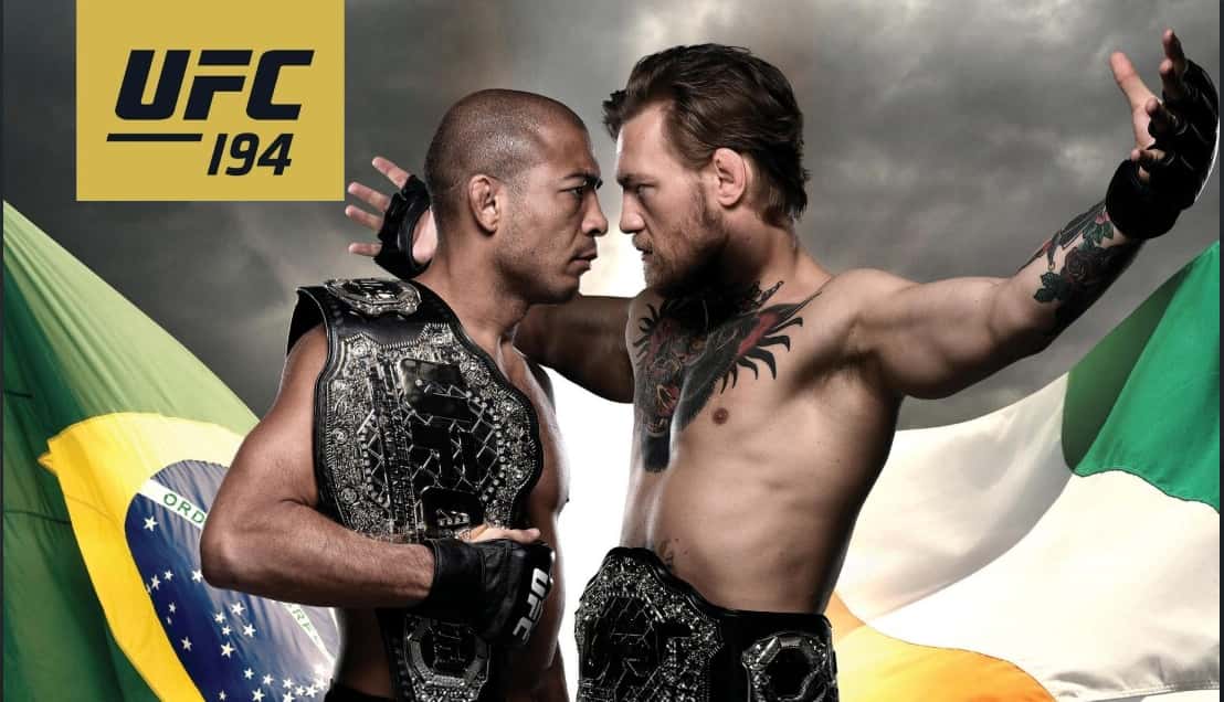 Two fighters facing off in front of Brazilian and Irish flags, with a UFC 194 logo in the corner.