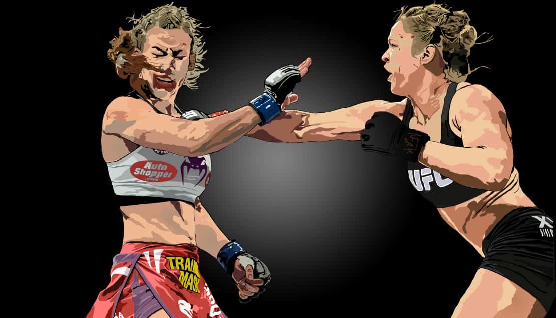 Vector illustration of two women fighters trading blows against a black background.
