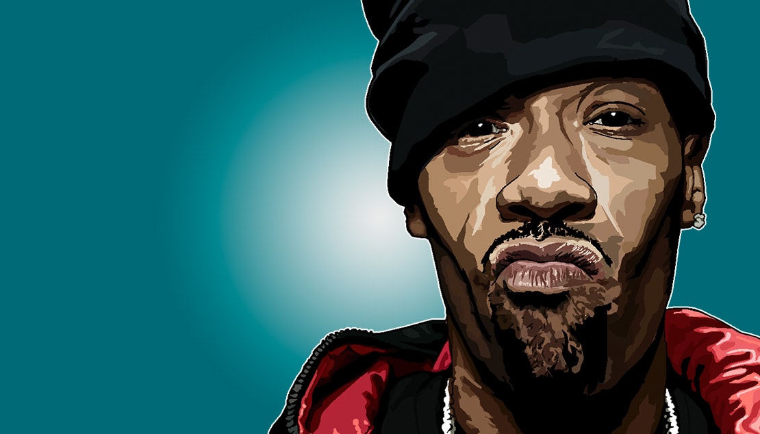 Vector illustration of a man in a black beanie with a stern expression, on a teal background.