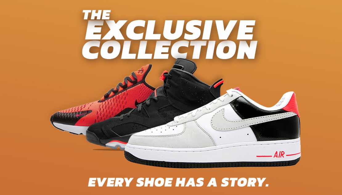 Black and red and white and grey trainers on an orange banner reading ‘The Exclusive Collection. Every shoe has a story.