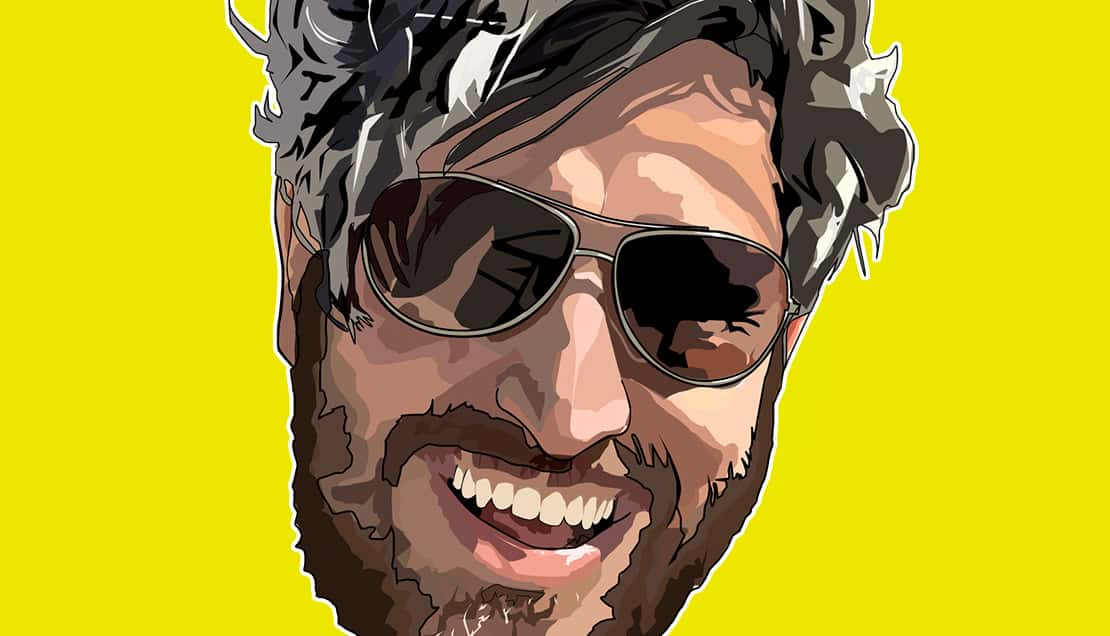 Vector illustration of a smiling bearded man in sunglasses on a bright yellow background.