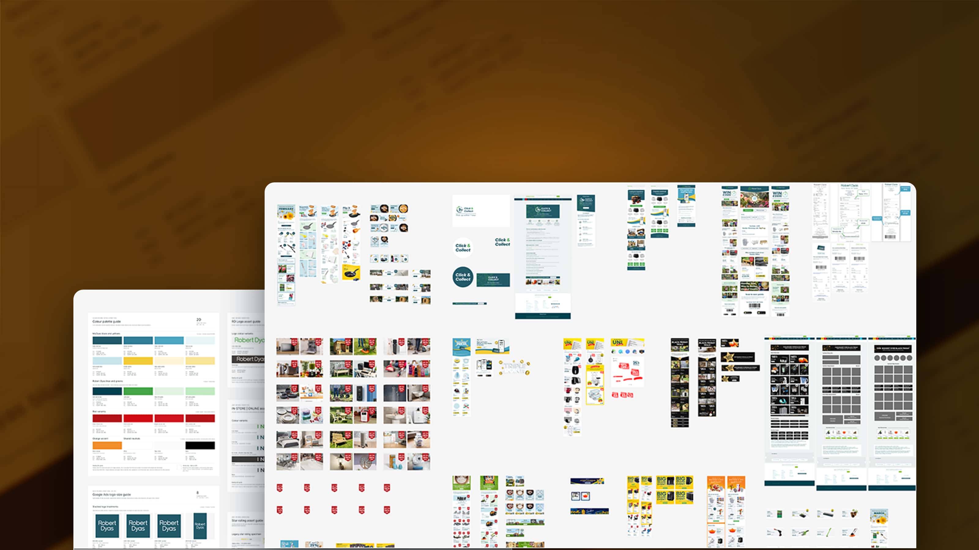 Figma design system pages with colour tokens, and asset sets for the Robert Dyas e-commerce team.