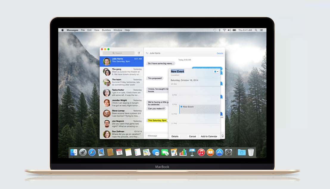 Open gold laptop displaying a messaging app, on a pale grey background.